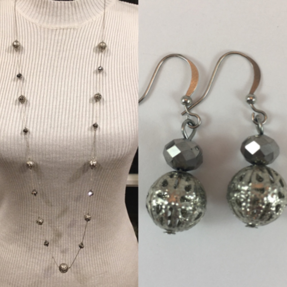 Long Beaded Station Necklace & Earring Set EUC